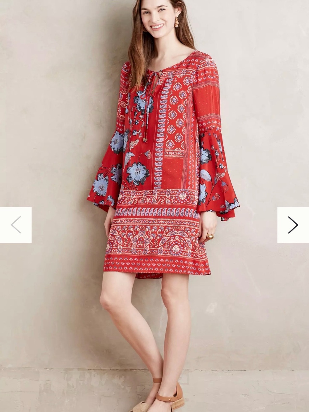 Red Floral Tie-Neck Mini Dress with Bell Sleeves